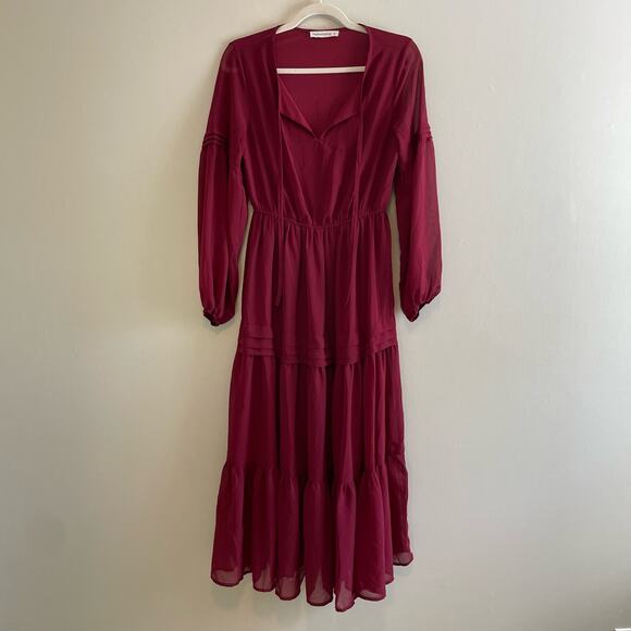 Rusttydustty Size S Red Tiered Maxi Dress Long Sleeves V-Neck - Picture 1 of 6